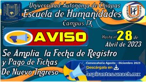 Ampliacion de Fechas para Registro  Obtención de Fichas de Nuevo Ingreso